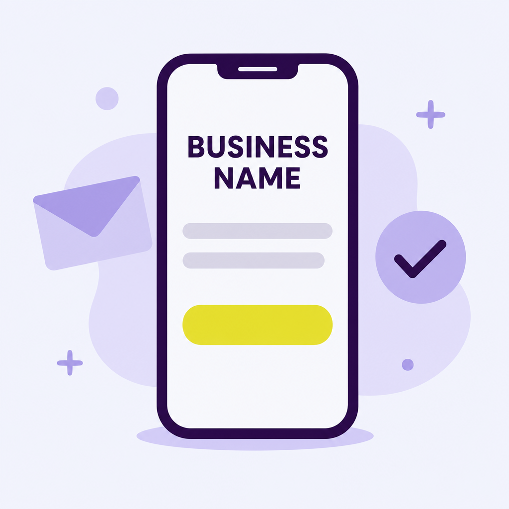A phone showing a simple business page with a business name, three short offer lines and a button