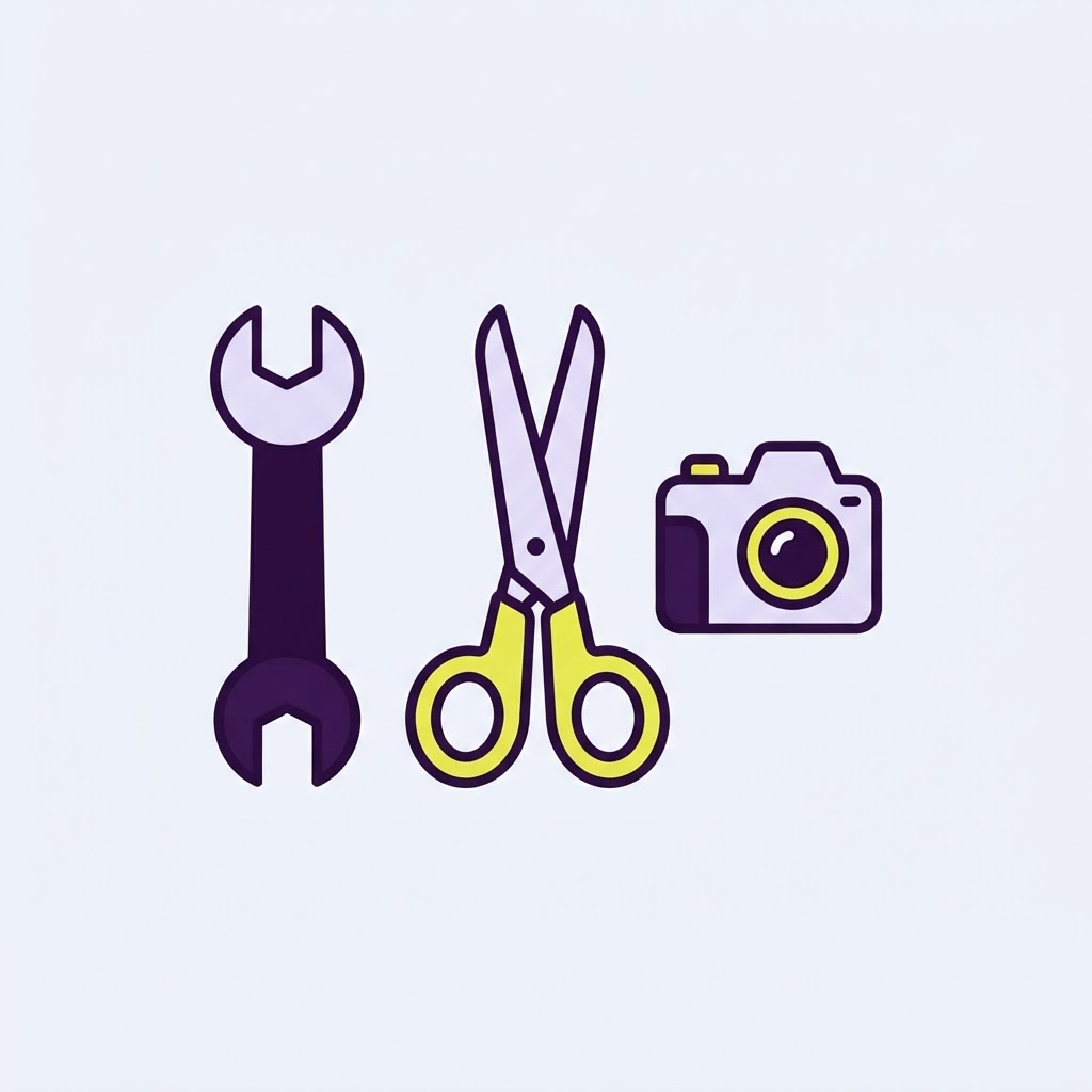 A wrench, a pair of scissors and a small camera laid out side by side